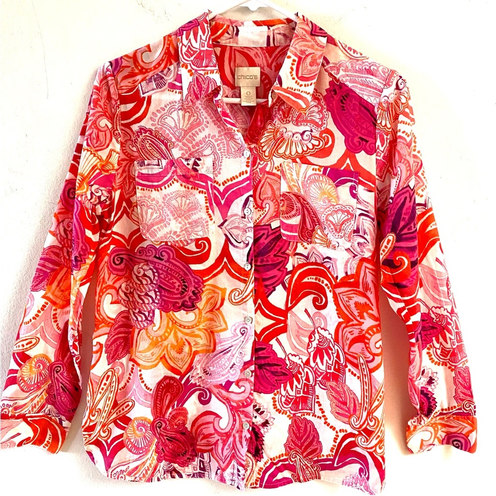 Chico’s size 0 lightweight semi-sheer long sleeve button down blouse